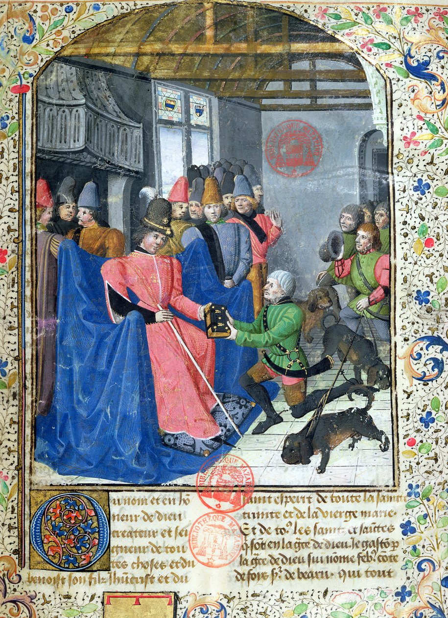 Ms 3717 Huntsman ger författaren en kopia av sin avhandling om jakt, från Livre de la Chasse av Gaston Phebus de Foix (1331-91) av French School
