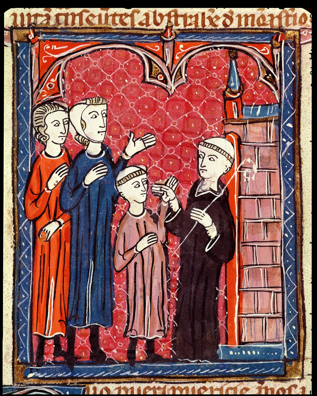 Ms 372 f.53r Ett barn fört till ett kloster av sina föräldrar, från Decrets de Gratien av French School