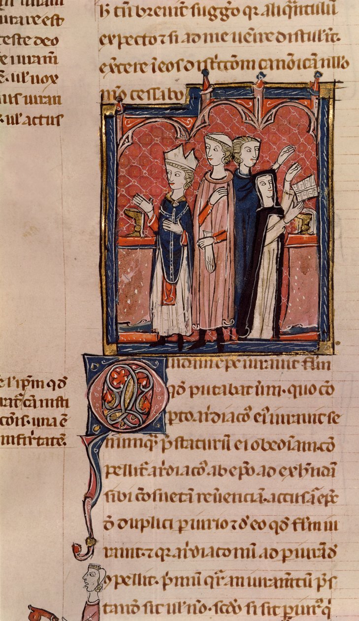 Ms 372 fol.59v En nunna som avlägger sina löften och mässa utförd av en biskop, från Decrets de Gratien (se 181276 för detaljer) av French School