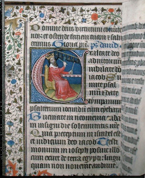 Ms 376 King David spelar ett klockspel, illustration från en psalter, tidigt 1400-tal (vellum) av French School