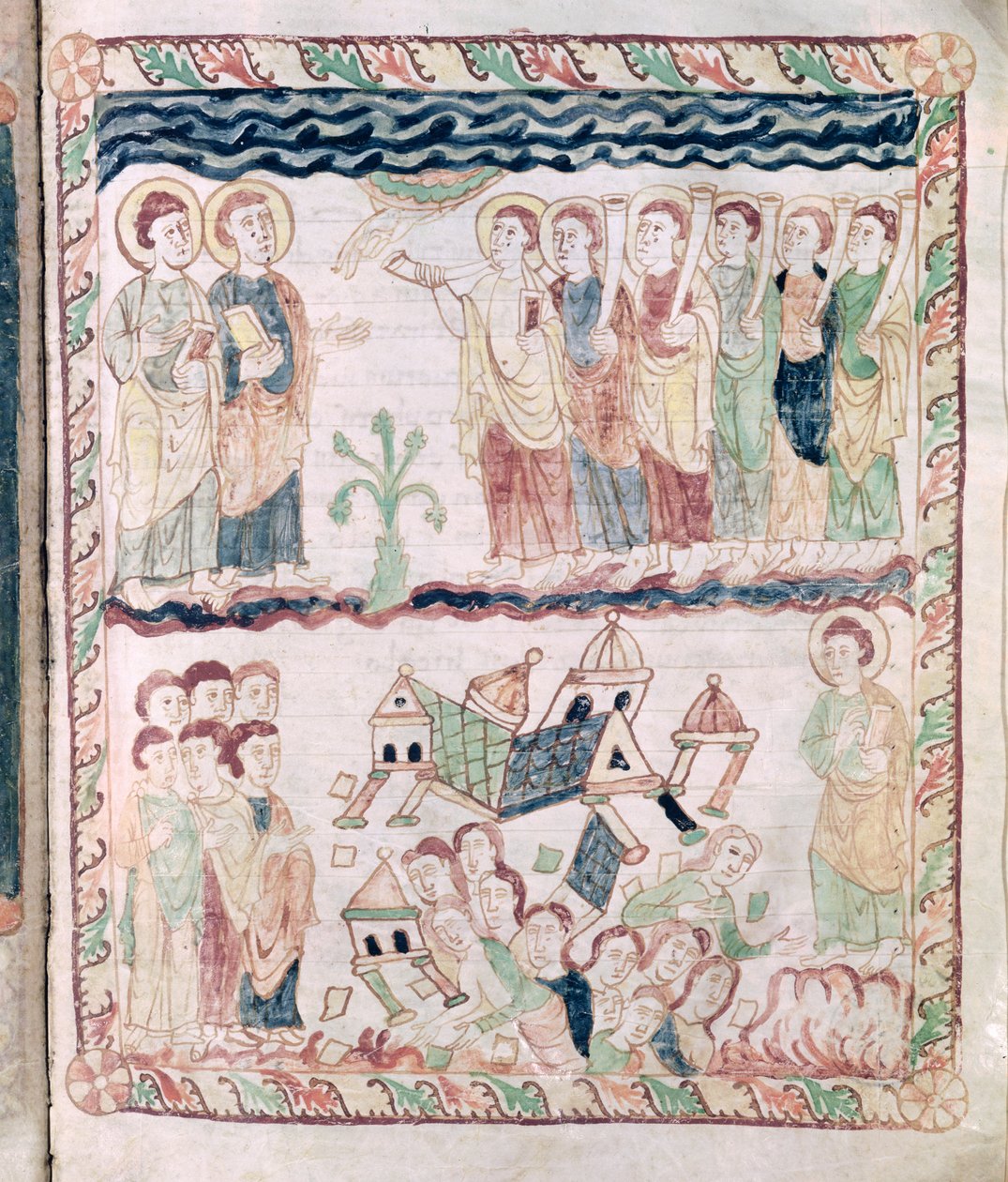 Ms 386 fol.25r Änglar med trumpeter och jorden som skakar, från Johannes Apokalypsen av French School