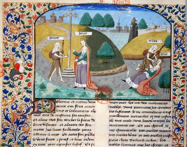 Ms 3878 Poverty and Fortune, illustration från "The Cases of Illustrious Men" av Giovanni Boccaccio (1313-75) av French School