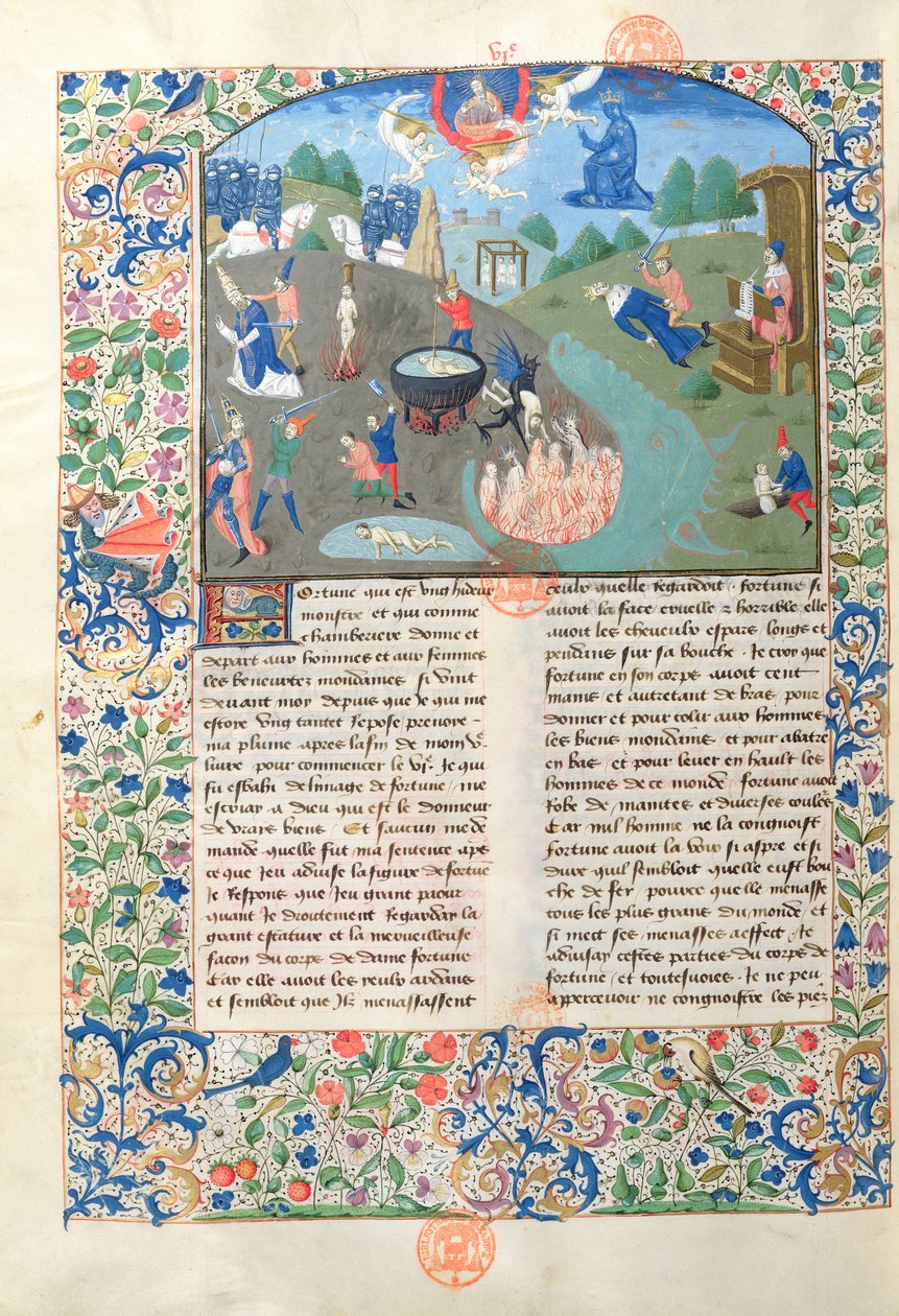Ms 3878 Scener av strid, dödande och helvete från De Casibus Virorum Illustrium av Giovanni Boccacci (1313-75) av French School