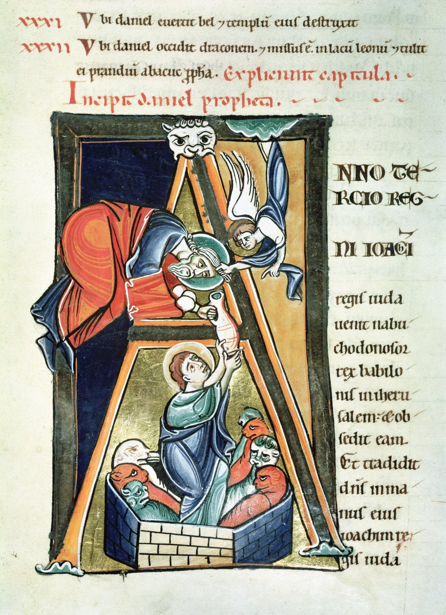Ms 3 fol.233 Historikerad initial A föreställande Daniel i lejonhålan, från Bibeln de Saint-Sulpice de Bourges av French School