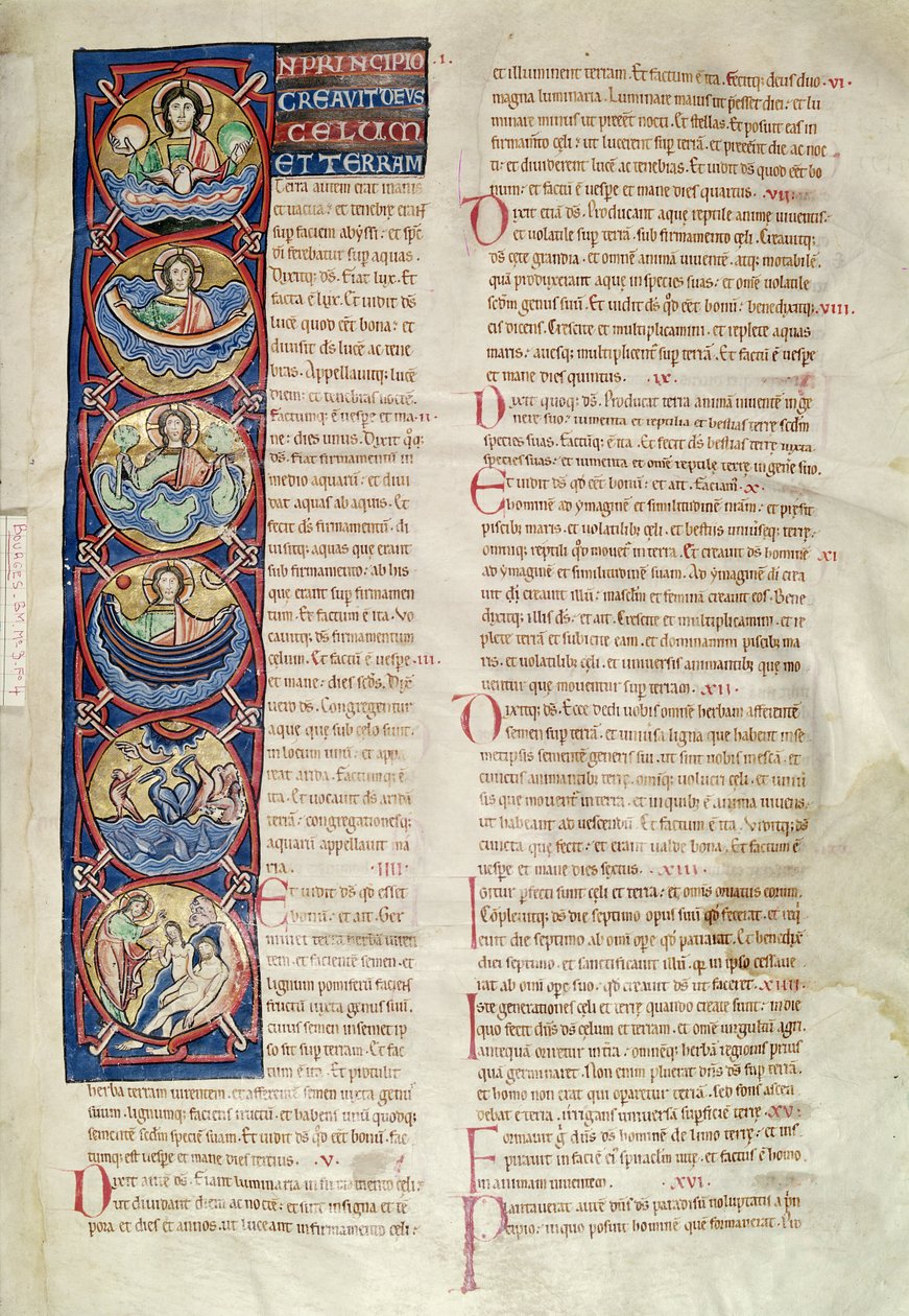 Ms 3 fol.4 Skapelsens sex dagar, från Bibeln av St Sulpicius av Bourges av French School