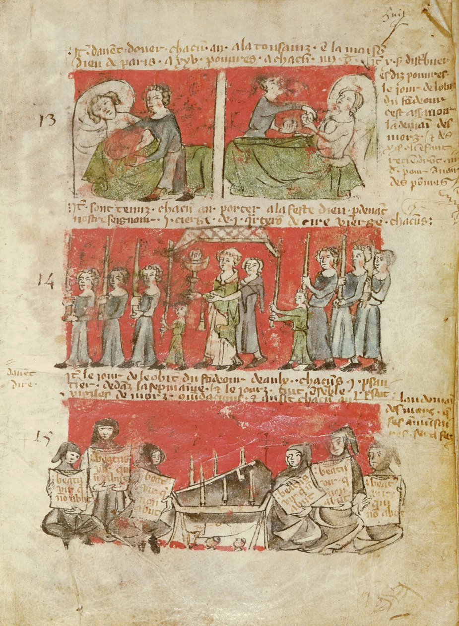 Ms 406 fol.6 Scener från livet för studenter vid College of Hubant eller Ave Maria, från stadgarna för College of Hubant, Paris, 1387 av French School