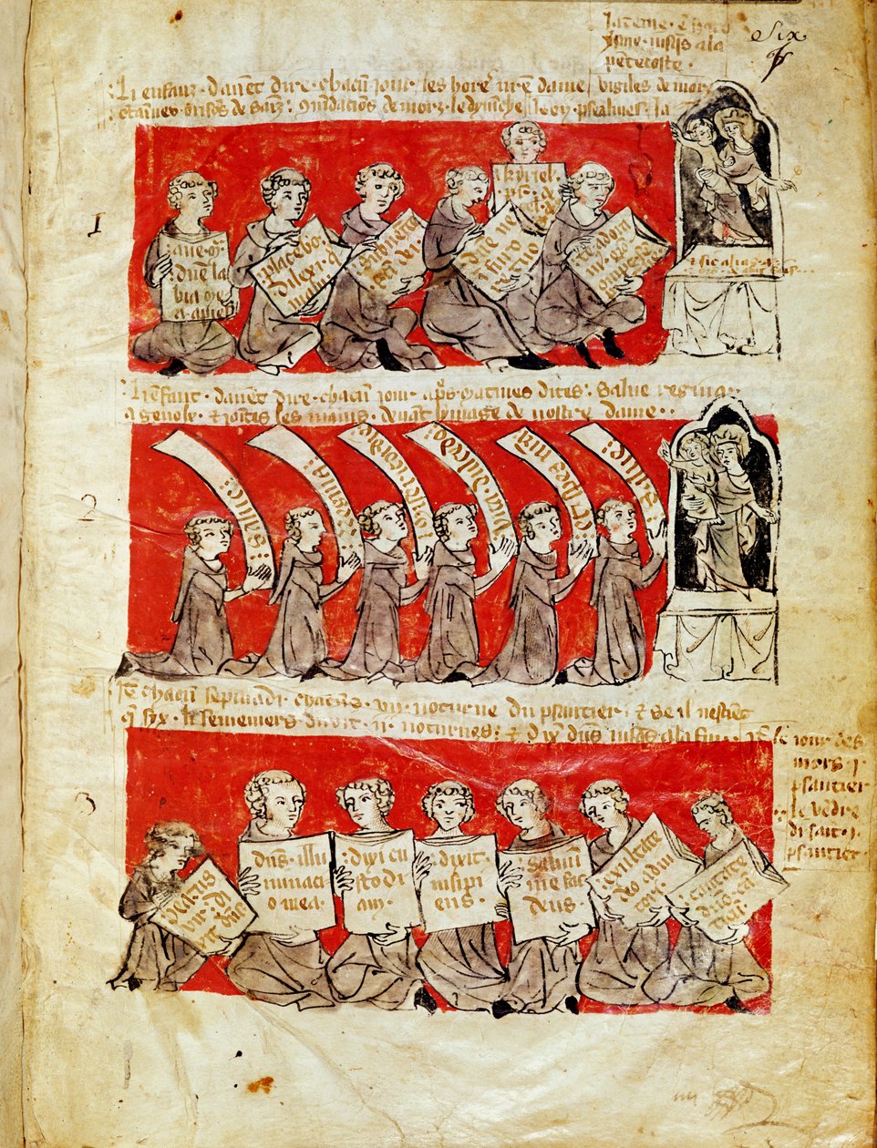Ms 406 fol.6 Scener av livet för studenter vid College of Hubant eller College of the Blessed Virgin i Paris, från stadgarna för College of Hubant, 1387 av French School