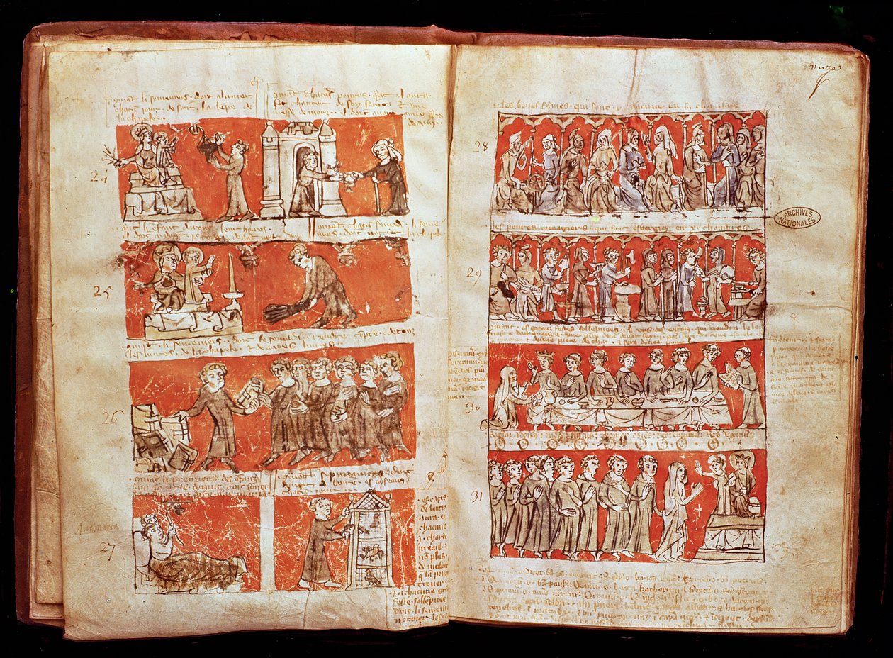 Ms 408 Scener från livet för eleverna i College of The Blessed Virgin i Paris, från stadgarna för College of Hubant, 1387 av French School