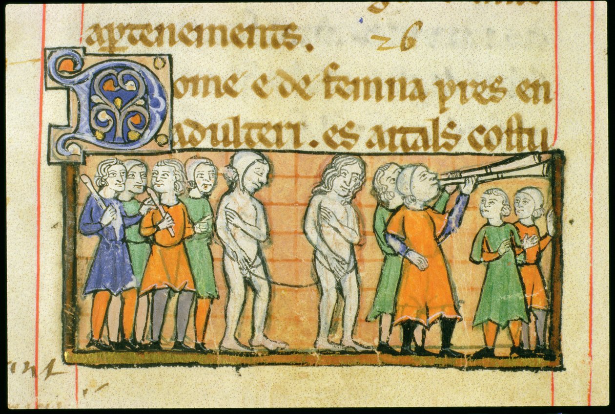 Ms 41 f.42v Bestraffning av två äktenskapsbrytare genom nakenprocession genom staden, från Livre Juratiore dAgen av French School