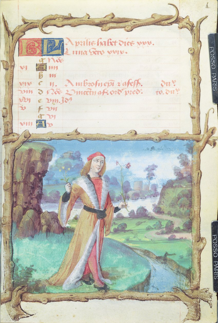 Ms 438 The Month of April: Gentleman Picking Flowers, from a Book of Hours, 1490 av French School