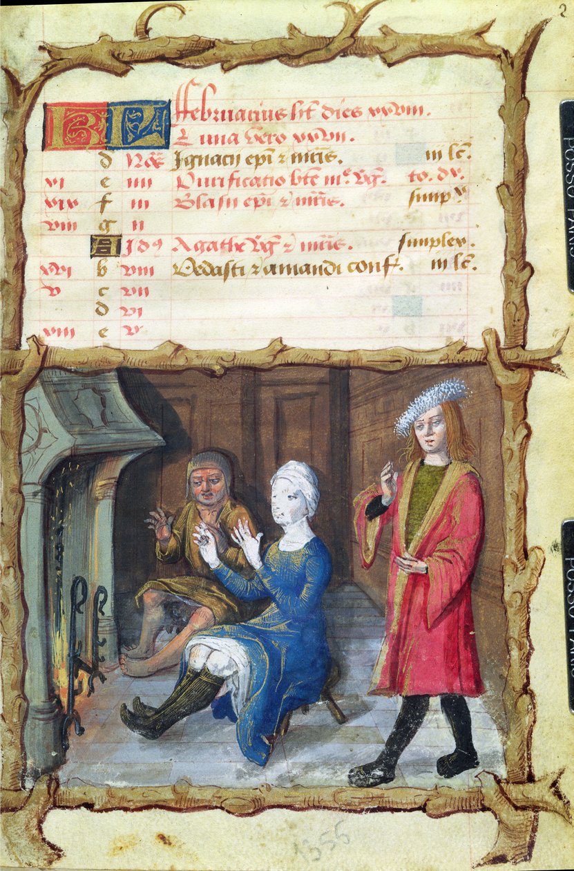 Ms 438 The Month of February: Warming Up in front of the Hearth, from a Book of Hours, 1490 av French School