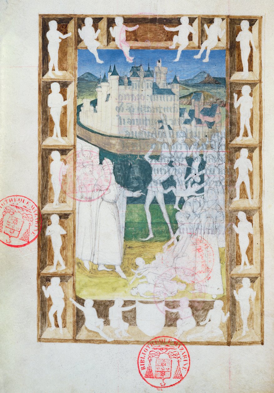 Ms 473 The Massacre of the Innocents, ofullbordad miniatyr från Heures de Charles de France, c.1466-69 av French School