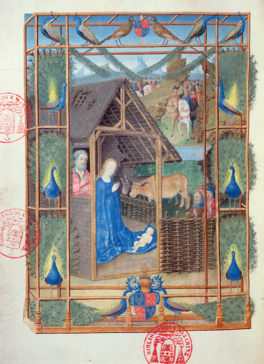 Ms 473 The Nativity with Peacocks, miniatyr från Heures de Charles de France, c.1466-69 av French School