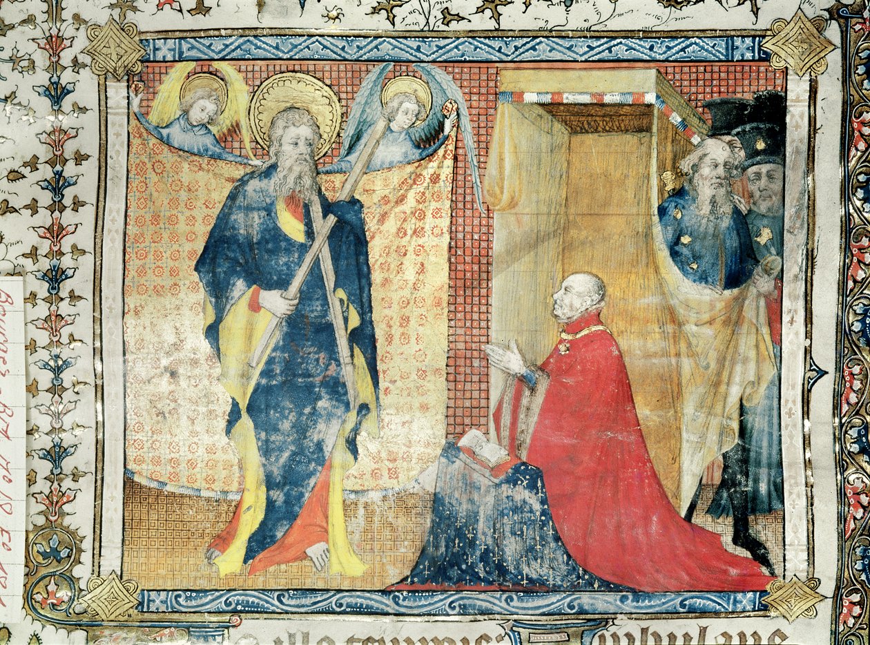 Ms 48 fol.181 Jean de France (1340-1416) Hertig av Berry ber inför St Andrew, från Lectionnaire de la Sainte-Chapelle de Bourges, c.1404-10 av French School