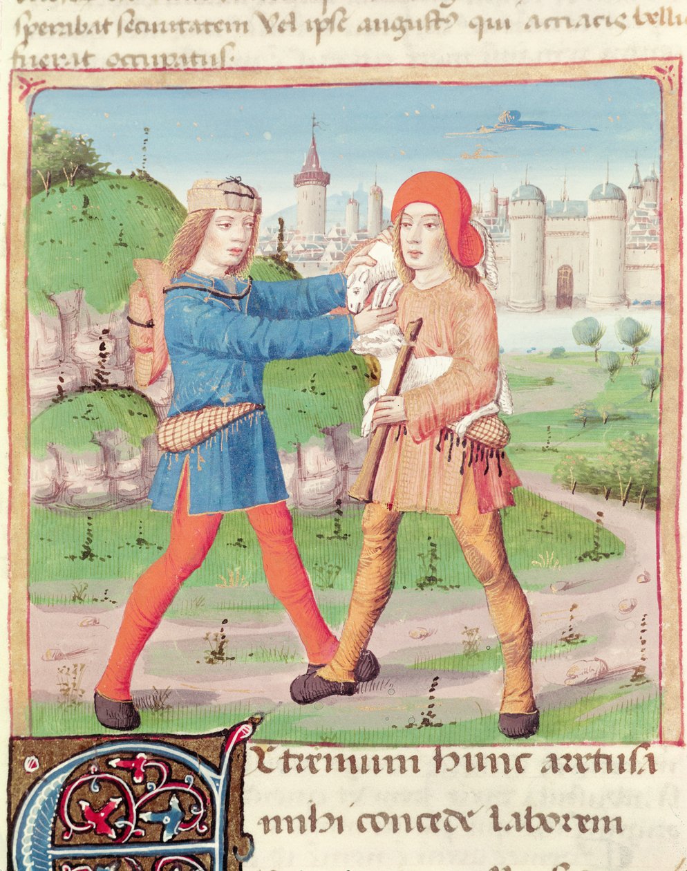 Ms 493 f.17 Ett utbyte av gåvor, från The Eclogues av Virgil (70-19BC) med en kommentar av Servius, 1469 av French School