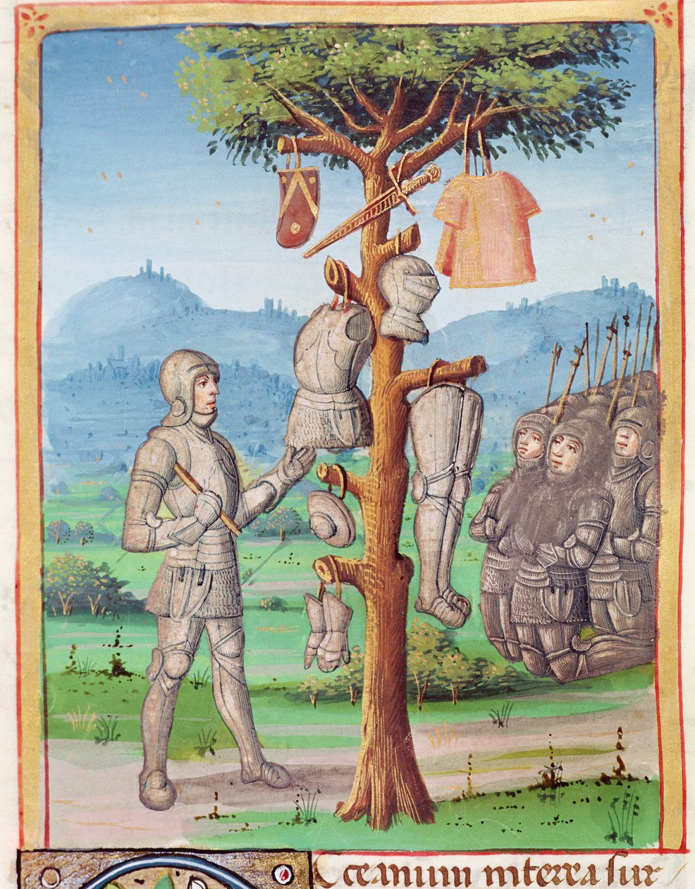 Ms 493 fol.193v Aeneas hänger Mezentius rustning från en ek, från Aeneiden av Vergilius med en kommentar av Servius, 1469 av French School