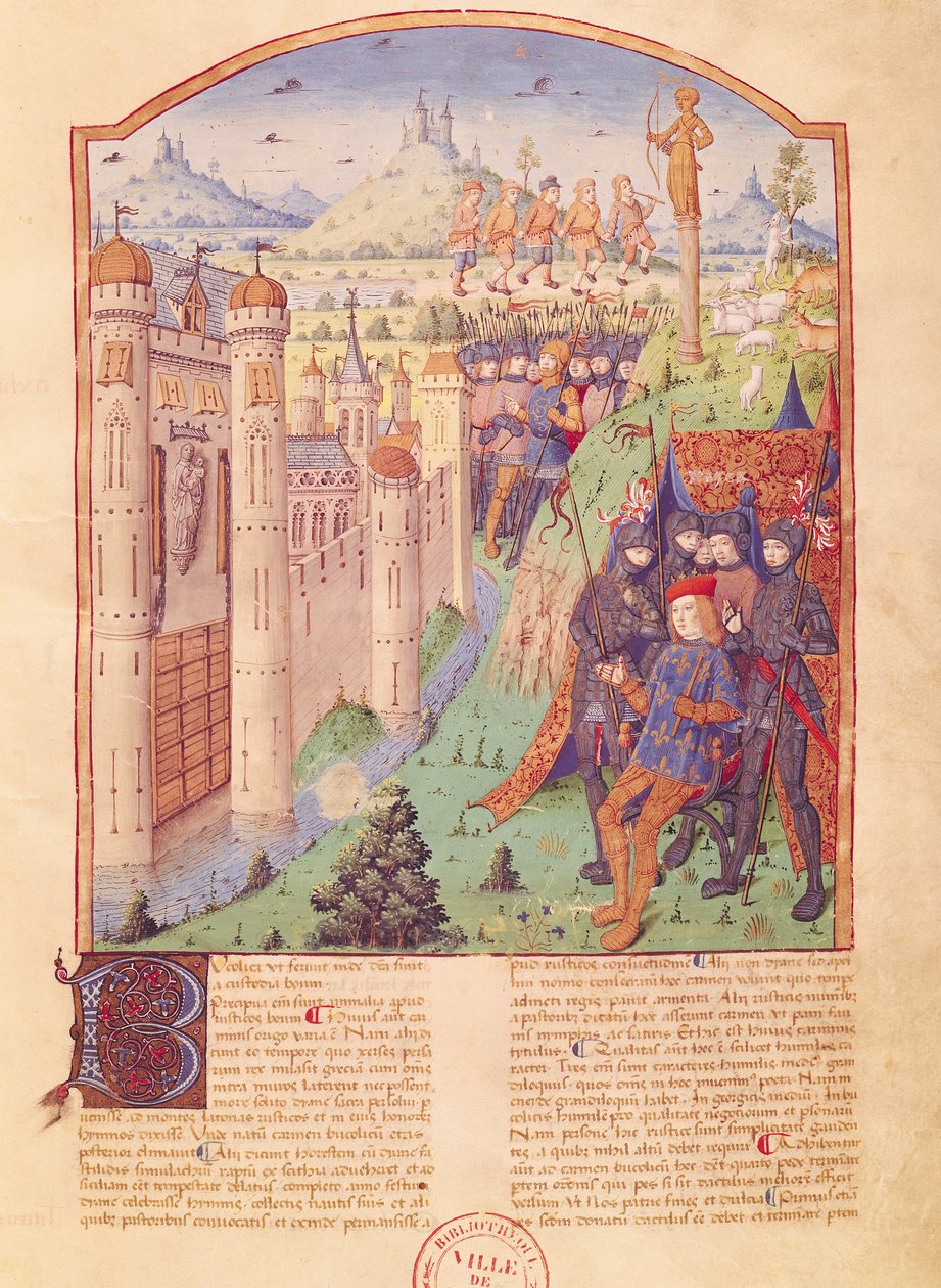 Ms 493 fol.1r The Works of Virgil med kommentar av Servius, The Bucolics, King som sitter på sin tron omgiven av sina vakter framför en befäst stad, Frankrike, 1469 av French School