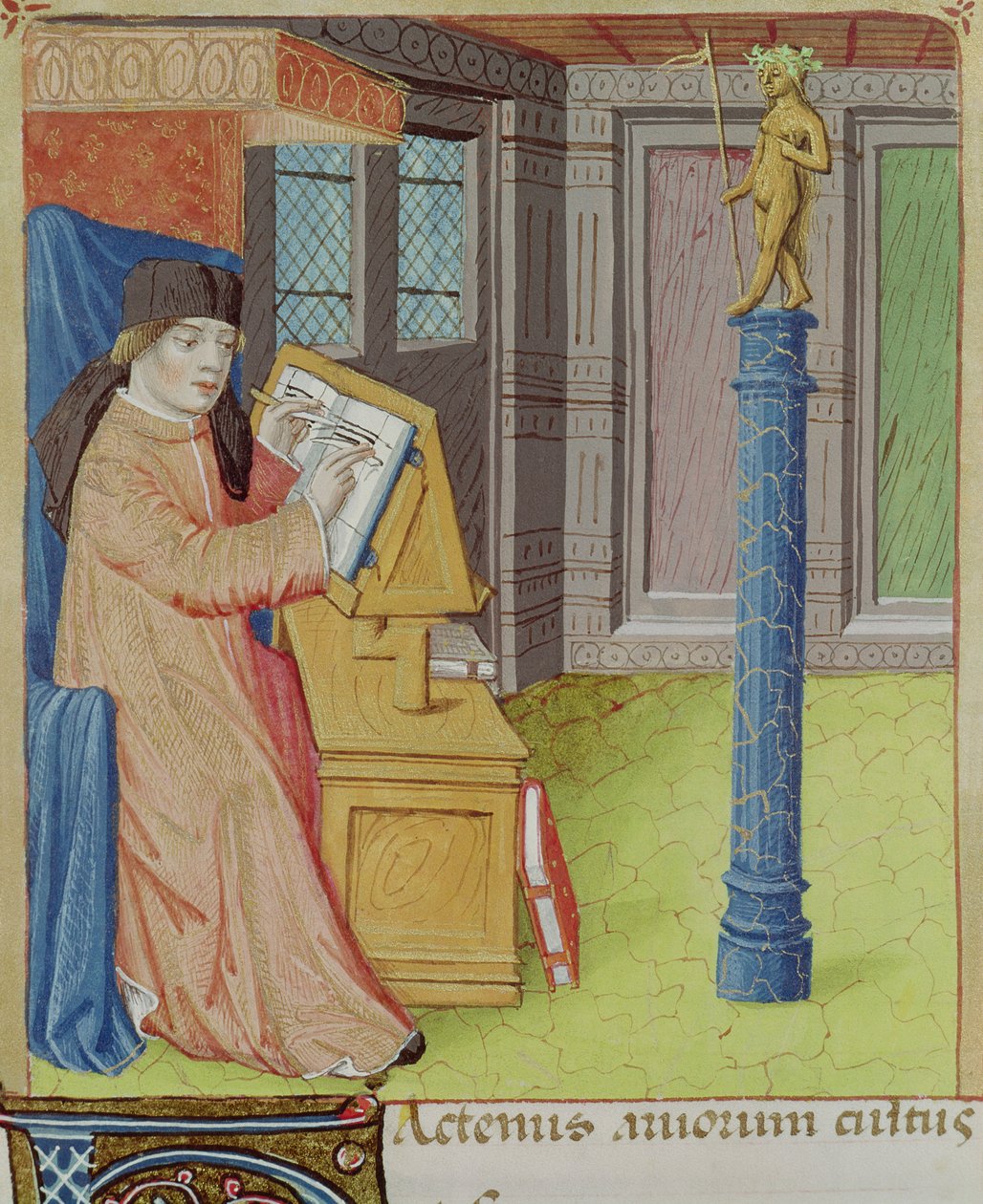 Ms 493 fol.29r Vergilius skriver före Artemis, från The Georgics av Vergilius (70-19 f.Kr.) med kommentar av Servius, 1469 av French School