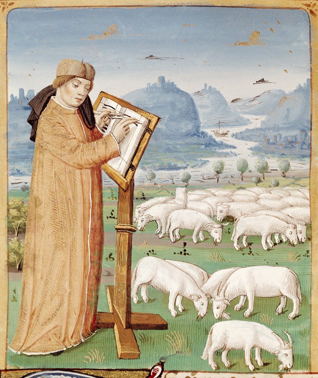 Ms 493 fol.37v Vergilius skriver på ett fält av får och getter, från The Georgics av Vergilius (70-19 f.Kr.) med kommentarer av Servius, 1469 av French School
