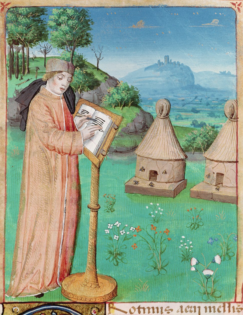Ms 493 fol.45 Virgil (70-19 f.Kr.) skriver binas liv, från The Georgics av Vergilius med en kommentar av Servius, 1469 av French School