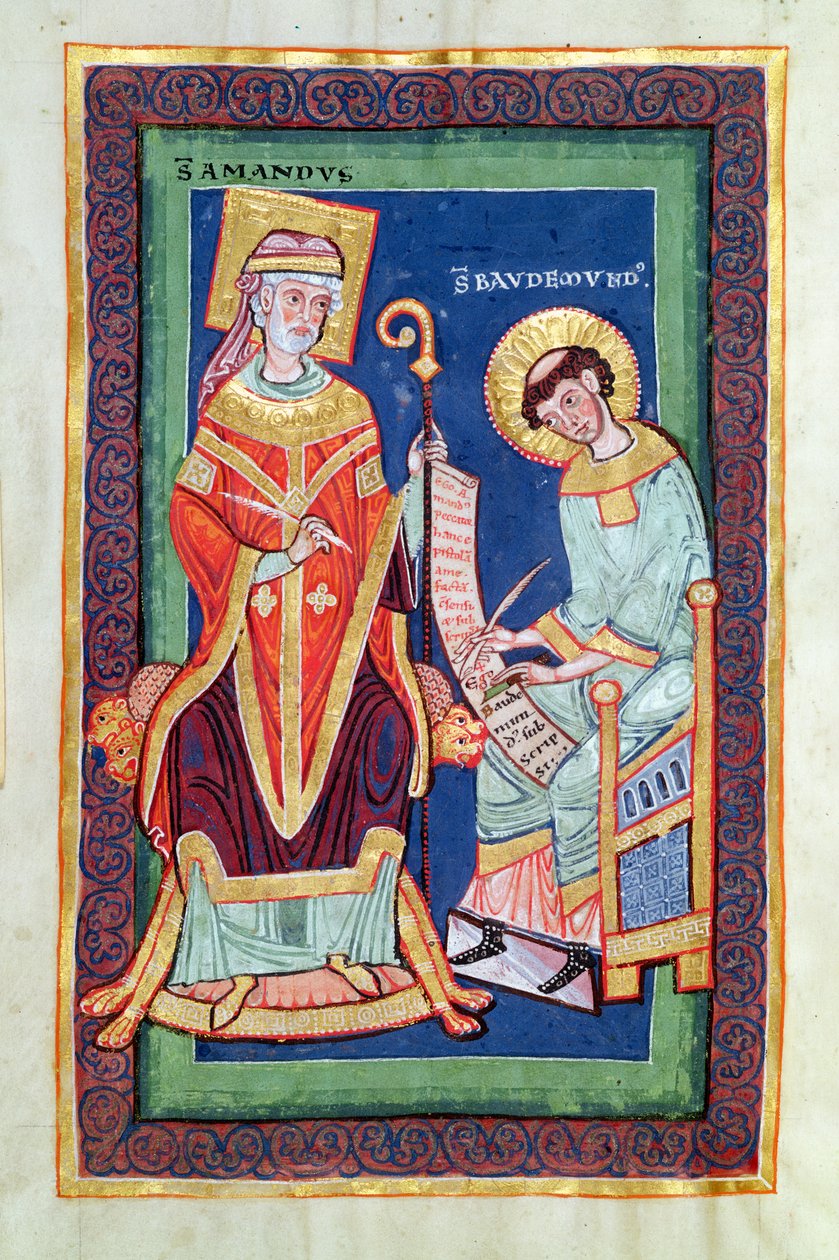 Ms 501 Fol.58 St. Amand returnerar en rulla till St. Baudemond, från The Life and Miracles of St. Amand av St. Baudemond (c.1150-c.1199) av French School