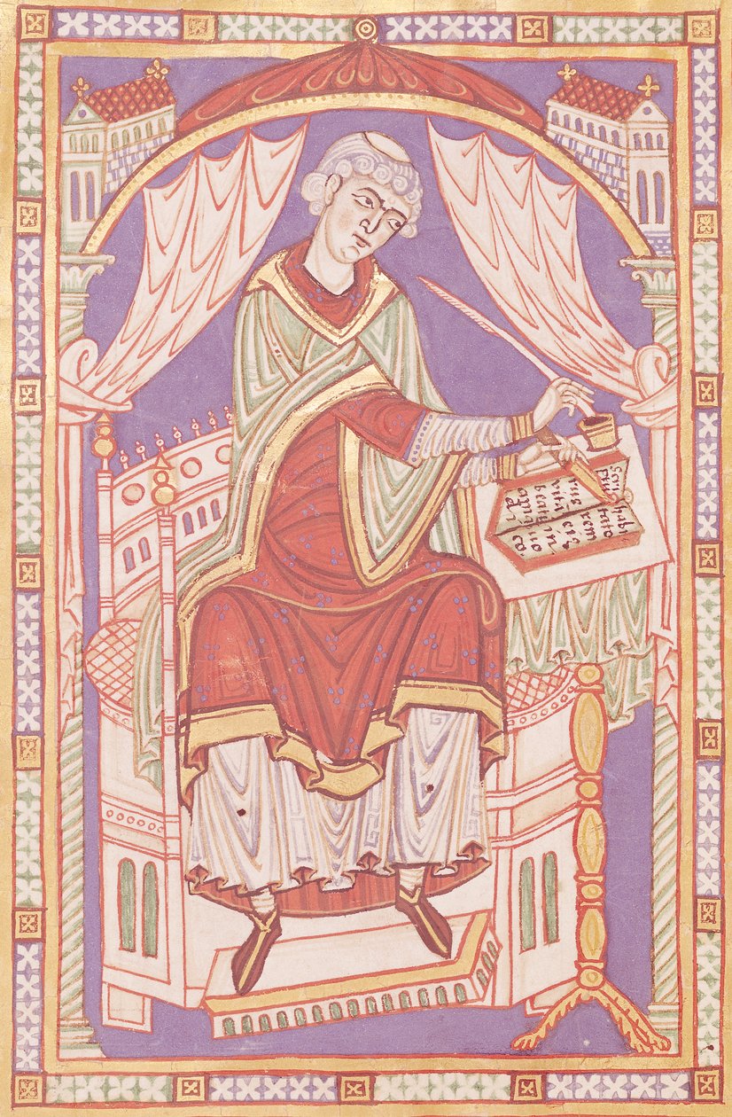 Ms 501 fol.5v Baudemond Writing, från Life and Miracles of Saint Amand av French School