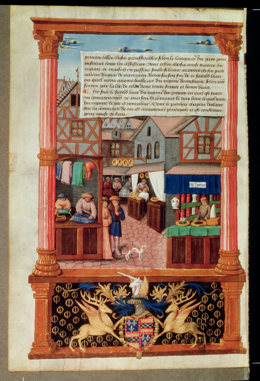 Ms 5062 fol.149v En gata med butiker och vapenskölden av Robert Stuart, marskalk av dAubigny Lucrece, från Livre de Gouvernement des Princes av Gilles de Rome av French School