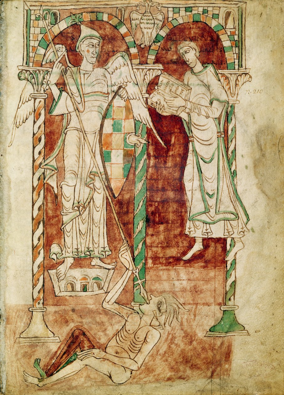 Ms 50 Fol.1v Copyisten presenterar sin bok för St. Michael, från Recognitiones av Saint Clement av French School