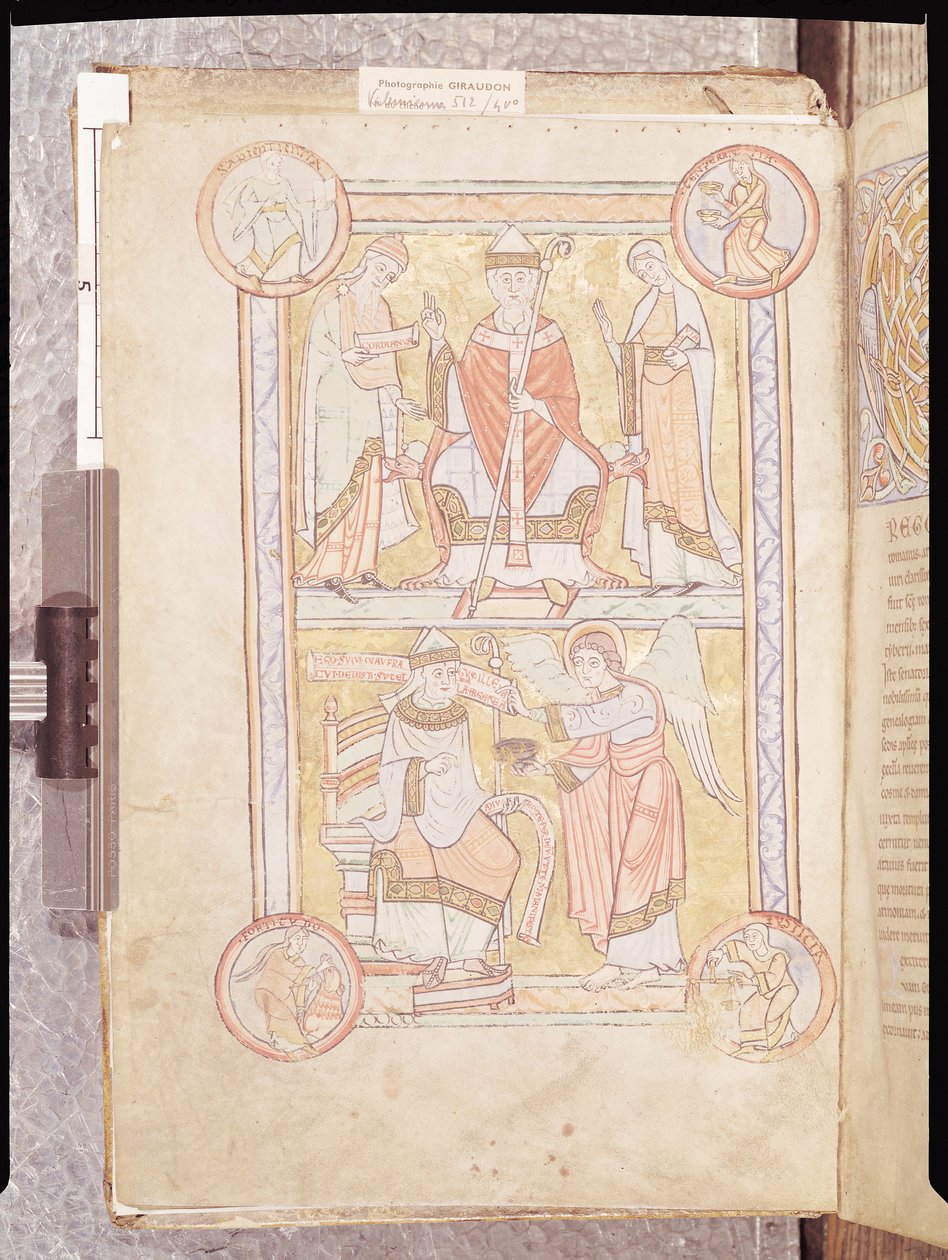 Ms 512 fol.4v St. Gregory the Great (c.540-604) mellan hans far, Gordien, och hans mor, Silvia och en drunknad man som en ängel, från Liber Pastoralis av French School
