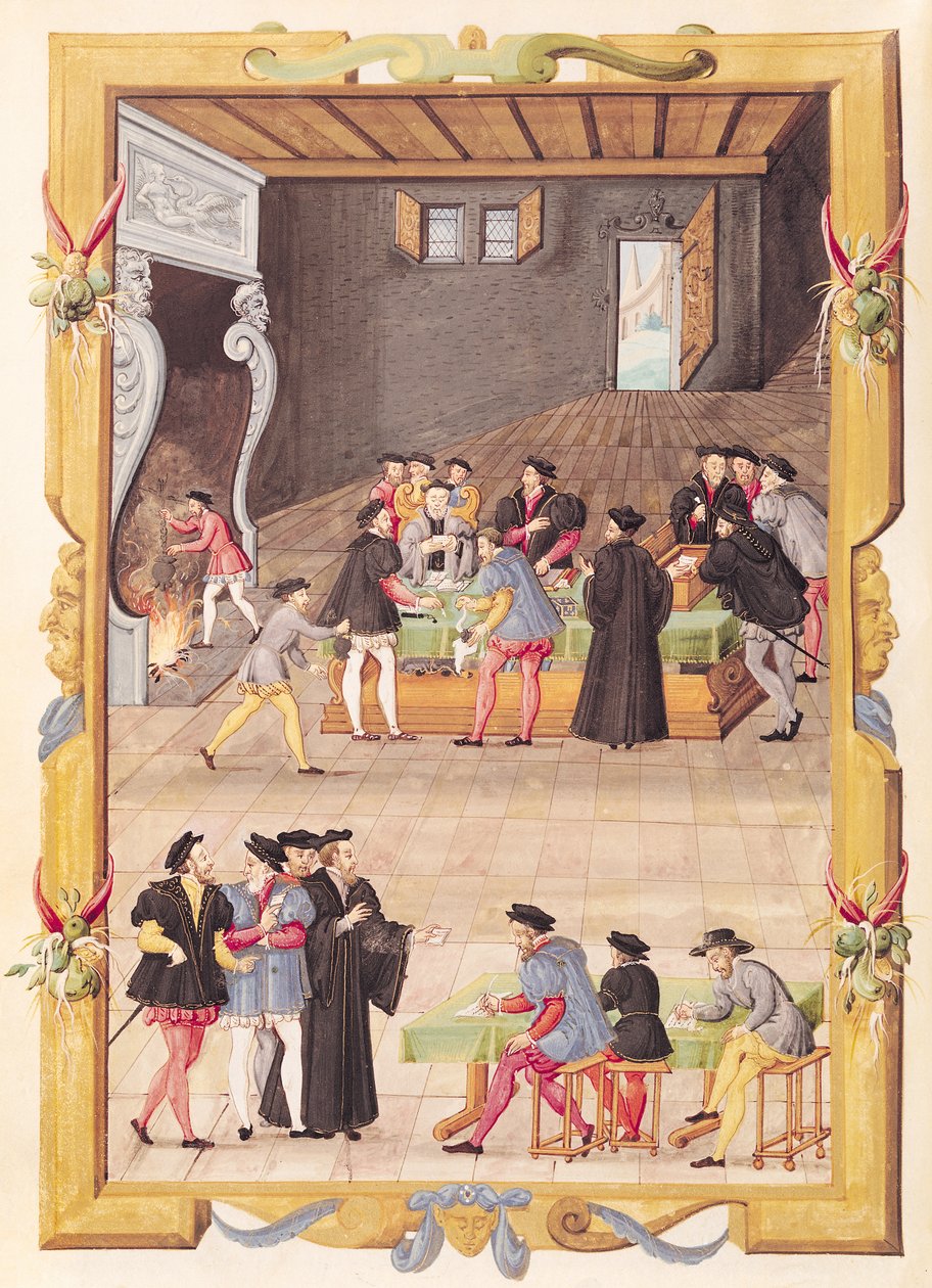 Ms 5169 f.2v Notarerne og Kongens Sekretærer i Salen af Notarkollegiet og Kongens Sekretærer swed. av French School