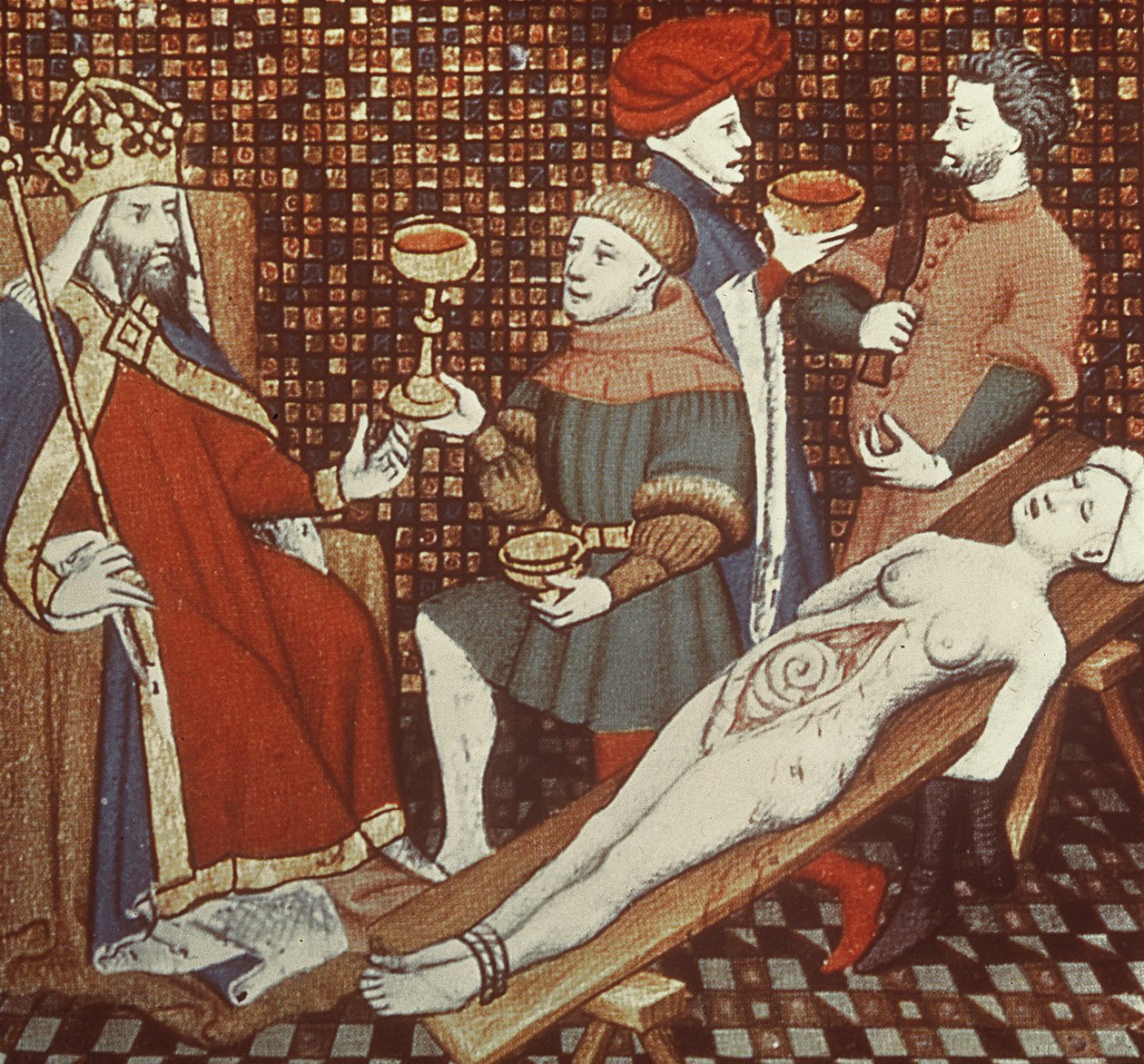 Ms 5193 f.290v Nero som dissekerar sin mor, från Jean Sans Peur-utgåvan av The Cases of Men illustrerad av Giovanni Boccaccio (1313-75) c.1410 av French School