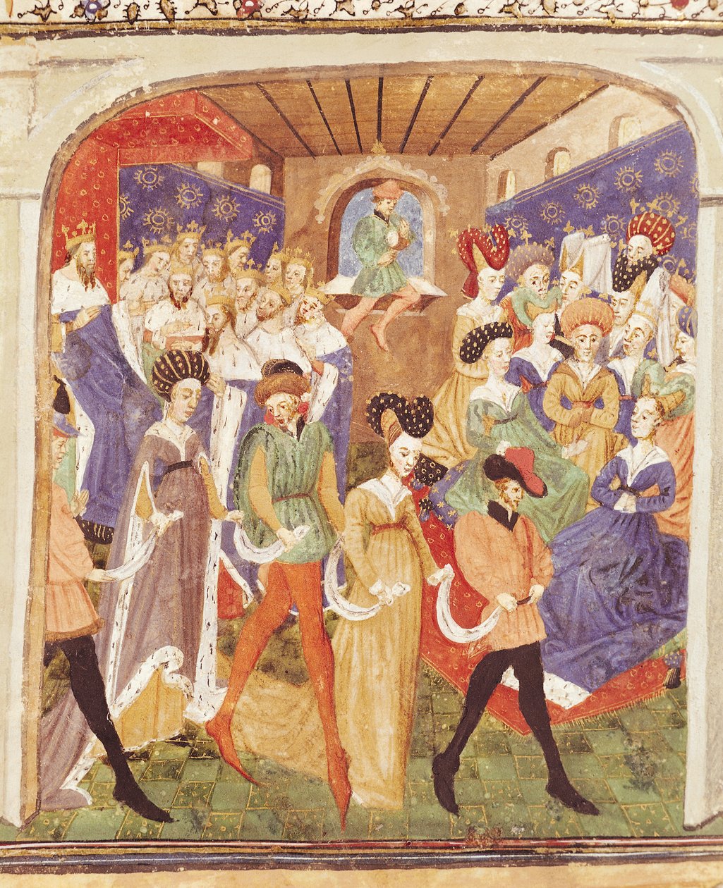 Ms 527 fol.1r Court Ball, från Roman du Saint Graal av French School