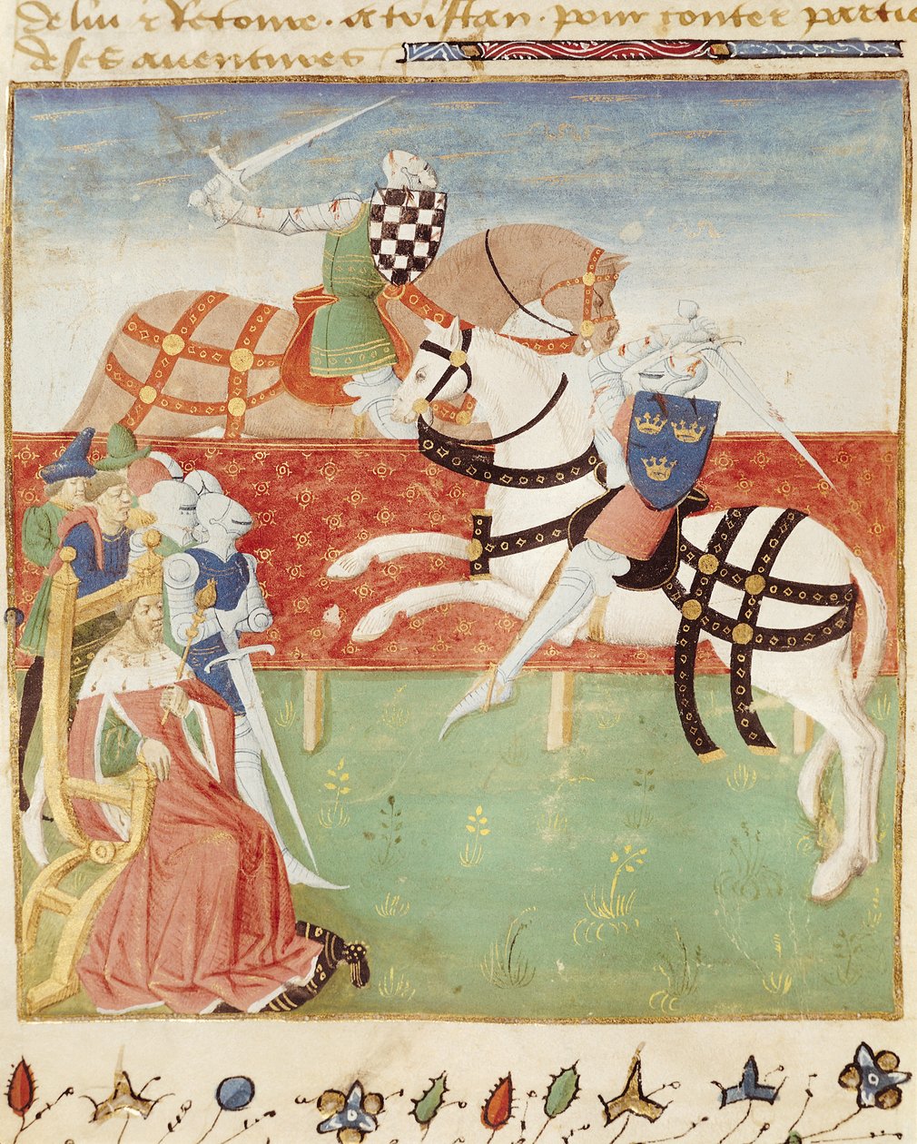 Ms 527 fol.40v Konfrontation av två riddare inför kungen, från Roman du Saint Graal av French School