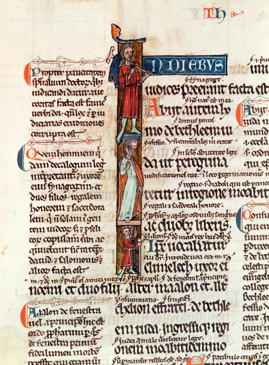 Ms 53 fol.29 Historikerad initial I som föreställer Ruth med hennes man och söner, från Livre de Ruth av French School