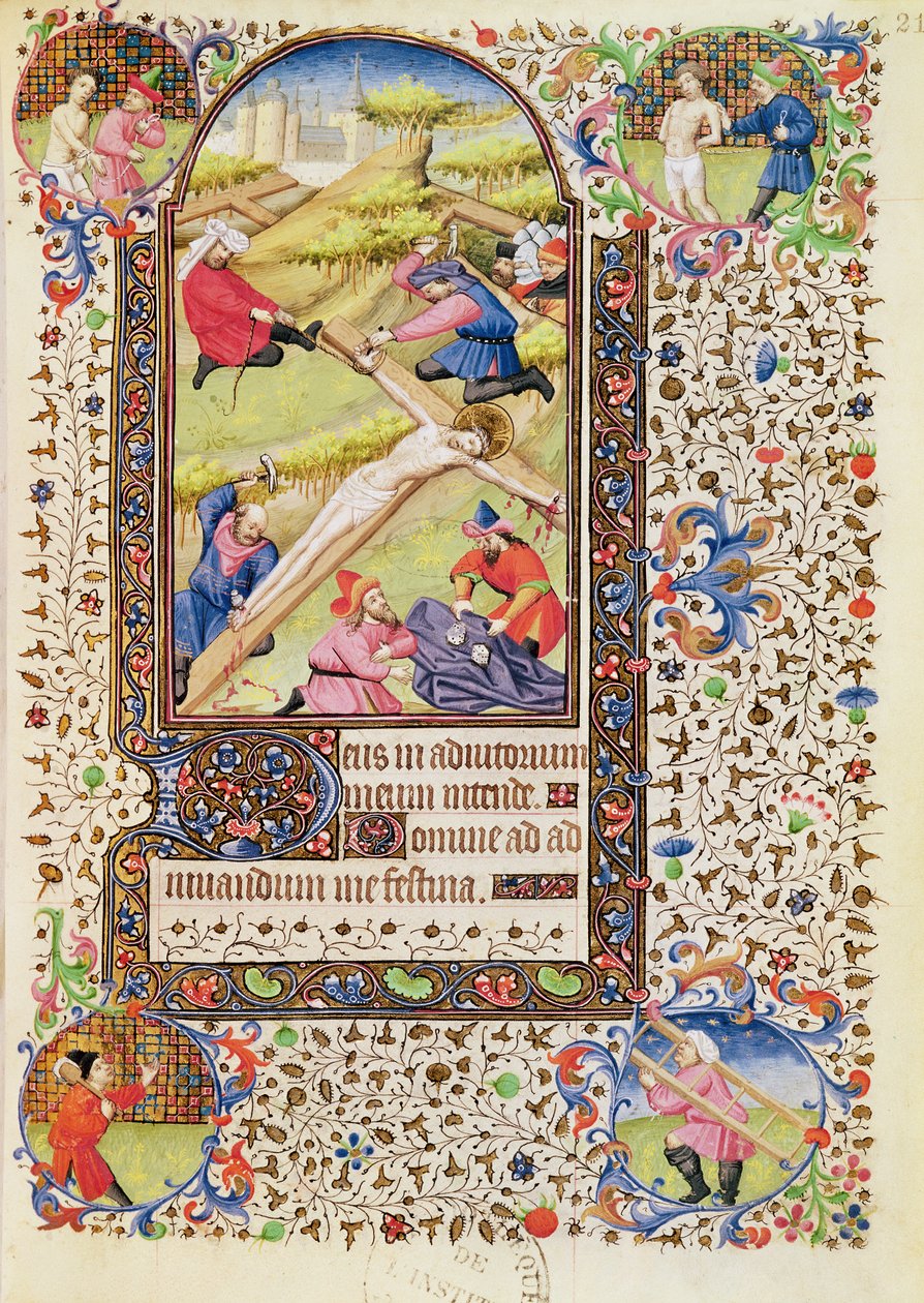 Ms 547 fol.21 Kristus spikas på korset, från en timbok som användes av en kvinna från Poitiers av French School