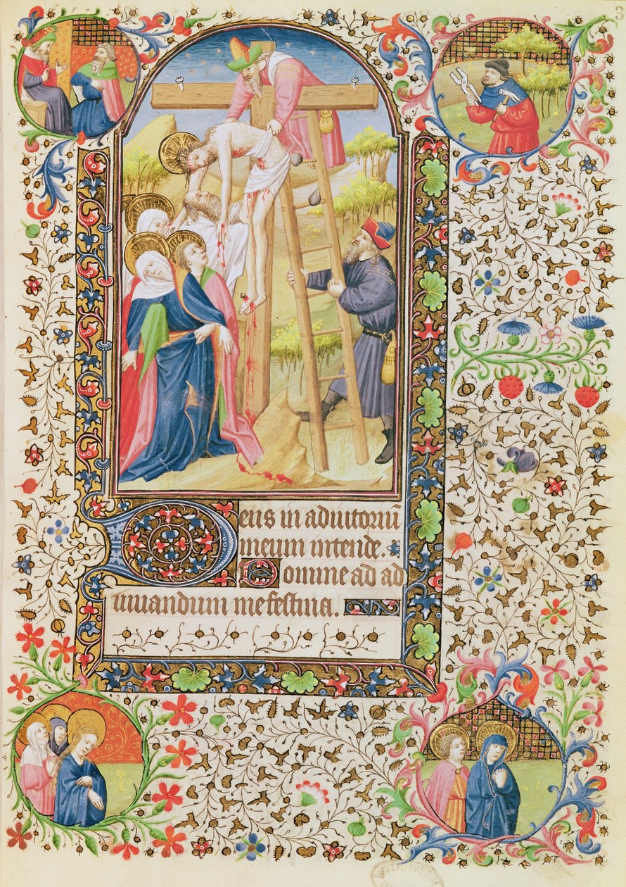 Ms 547 fol.32 Nedstigningen från korset, från en timbok som användes av en kvinna från Poitiers av French School
