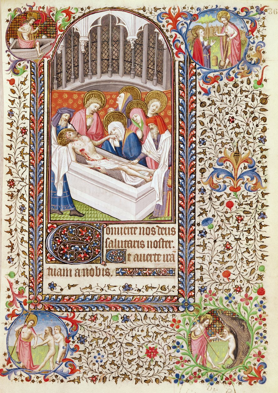 Ms 547 fol.36 Entombment of Christ, från en timbok som användes av en kvinna från Poitiers av French School