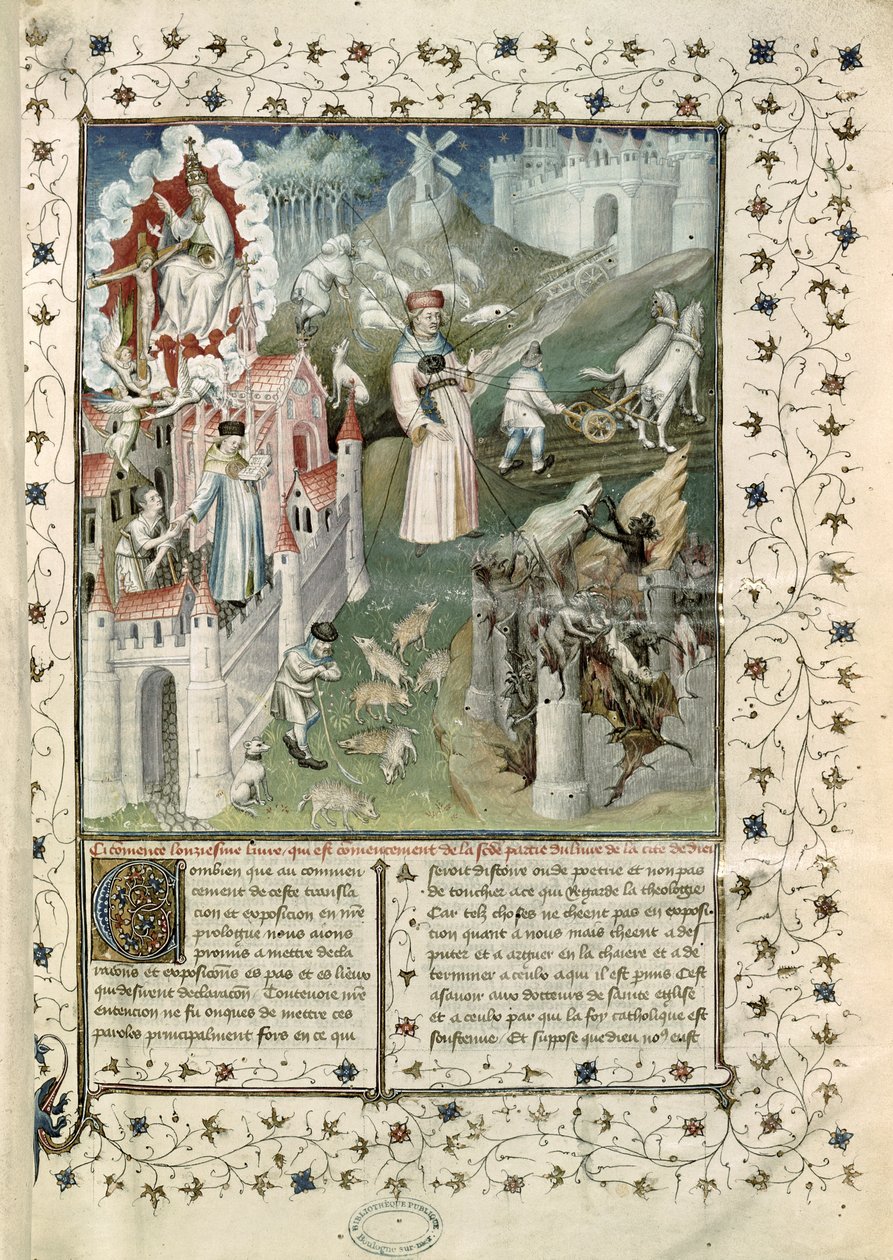Ms 55 t.2 fol.3 Guds stad, staden Caen och lasternas stad, från La Cite de Dieu av St. Augustinus av Hippo (354-430) översatt av Raoul de Preles (1316-82) av French School