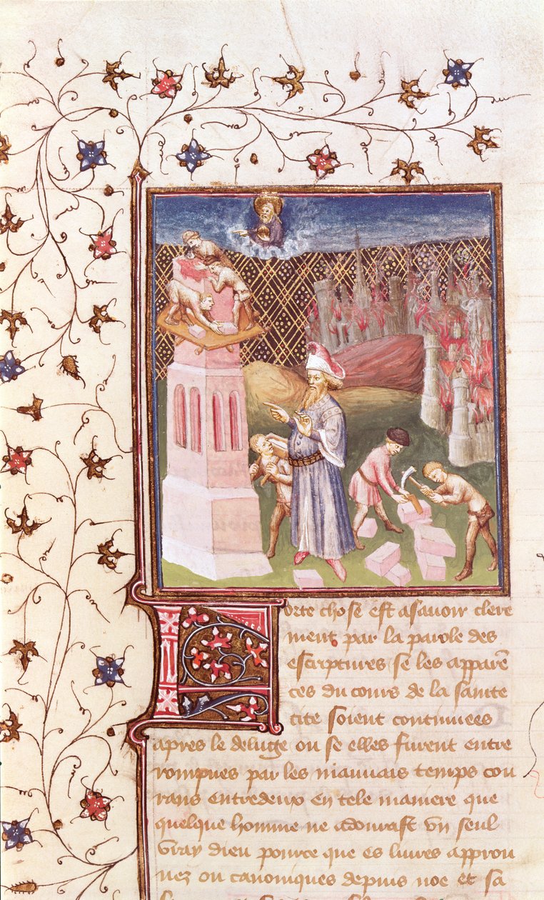 Ms 55 t f.111v Nimrod övervakar byggandet av Babels torn, från La Cite de Dieu av St. Augustine, översatt av Raoul de Presles (1316-82) c.1400-50 av French School