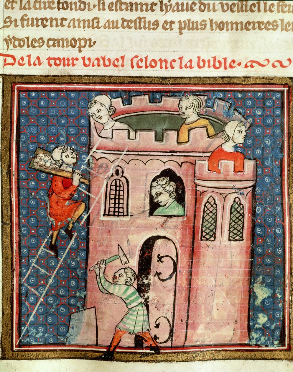 Ms 59 fol.17r Konstruktionen av Babels torn, från Bible Historiale av Guiart des Moulins av French School