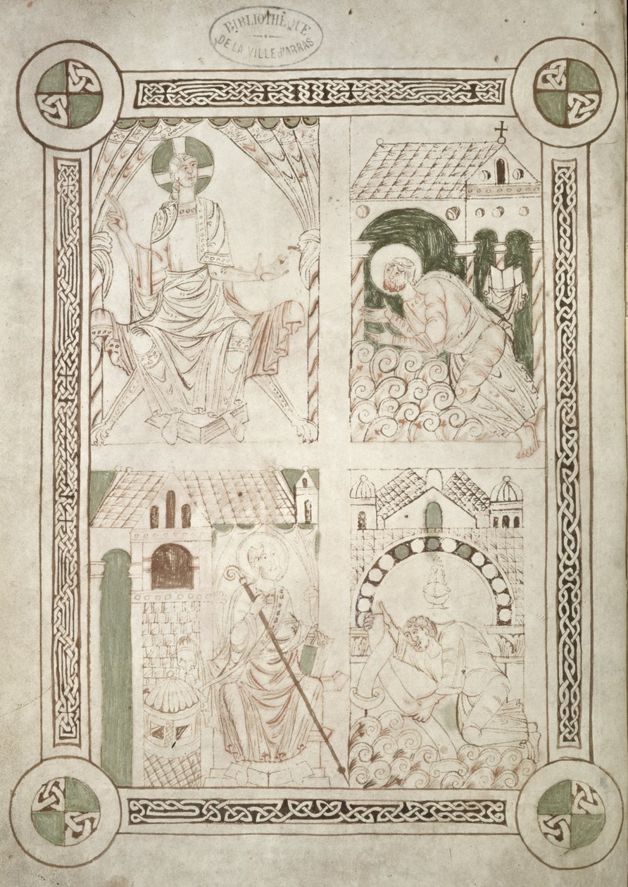 Ms 616 f.1v St. Augustinus vid Kristi fötter och den skriftlärde Alardus erbjuder sin bok till St. Vaast, frontispice till Bekännelser av St. Augustinus av French School