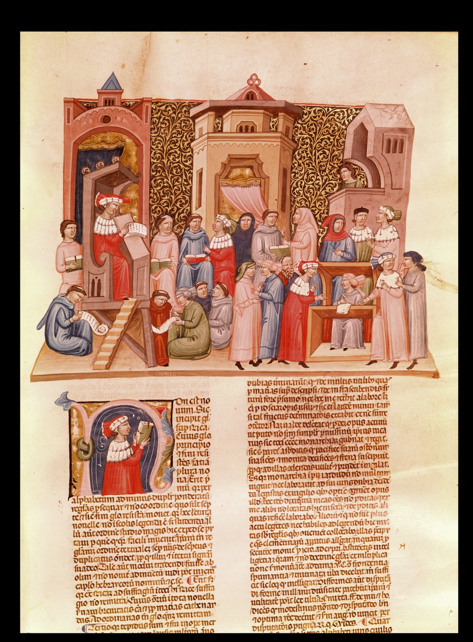 Ms 620 fol.173 En lektion på universitetet och en historisk initial N som föreställer en mästare, från Novela Super Sexto av Jean Andre av French School
