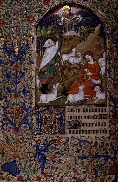 Ms 63 f.60v Ängel visar sig för en herde, en kvinna sitter och gör en krans, från en timbok, c.1460 (vellum) av French School