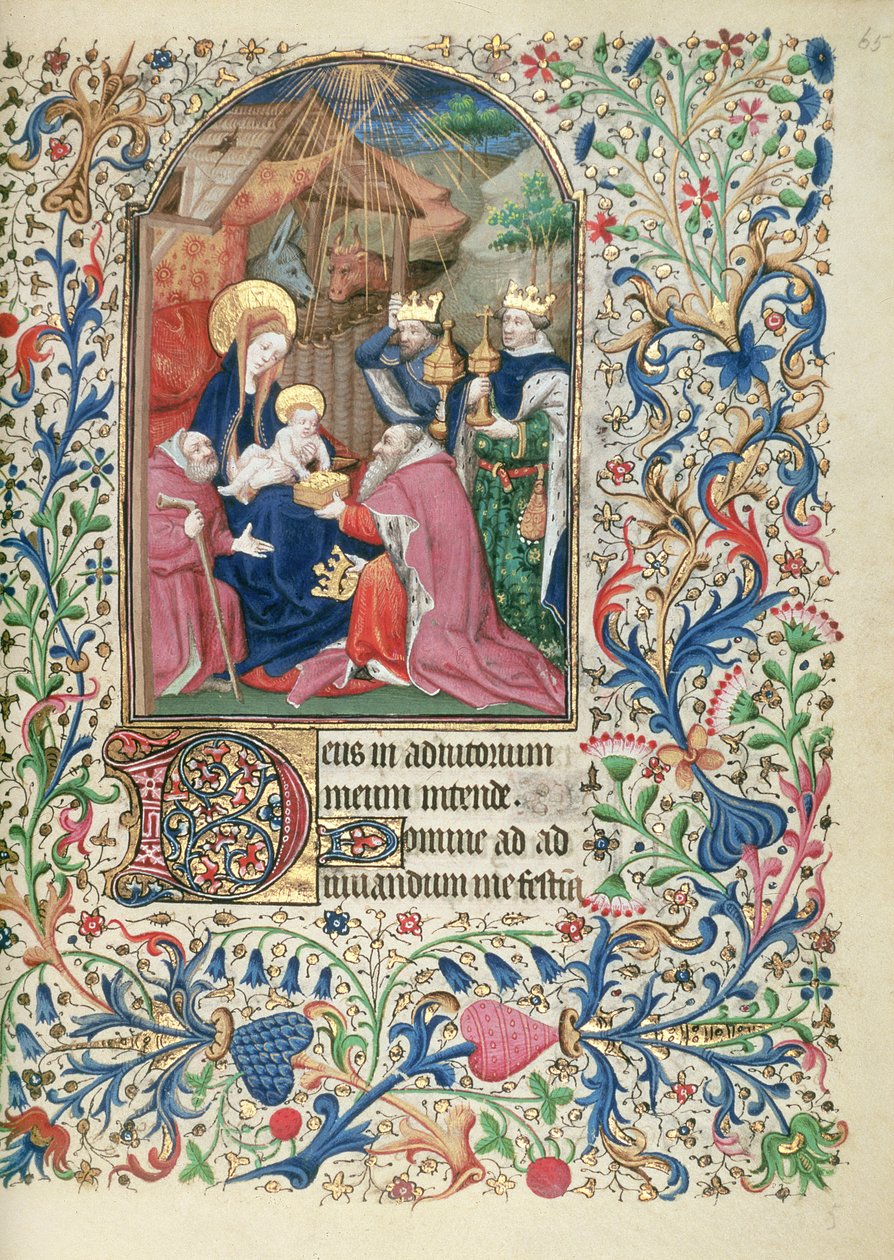Ms 63 f.65r Adoration of the Magi, from a Book of Hours, c.1460 av French School