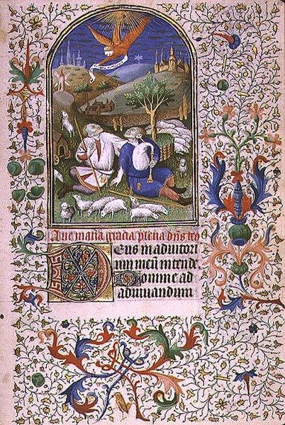 Ms 66 f.48r Angel visar sig för två herdar, Amiens (vellum) av French School