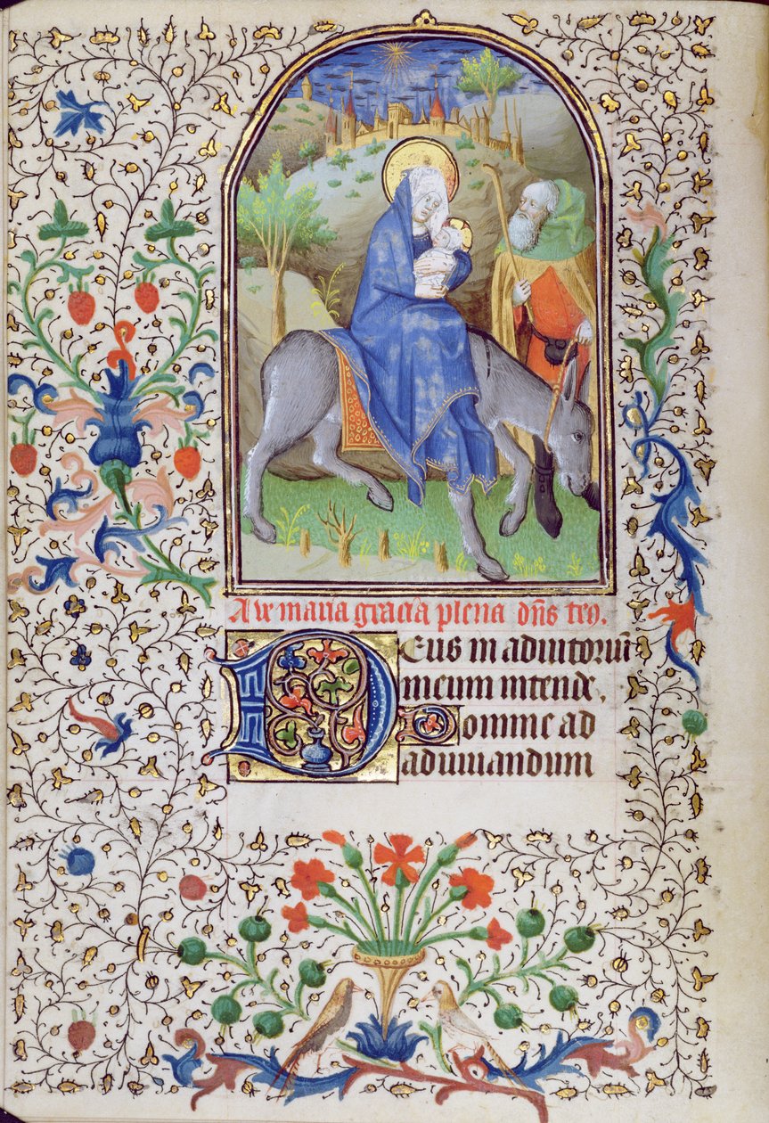 Ms 66 f.55v The Flight into Egypt, from a Book of Hours, Amiens av French School