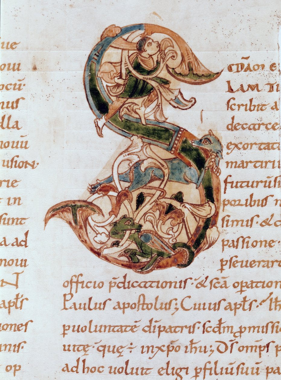 Ms 67 fol.195 Historikert initial "S", från Commentary on the Epistles of St. Paul av French School