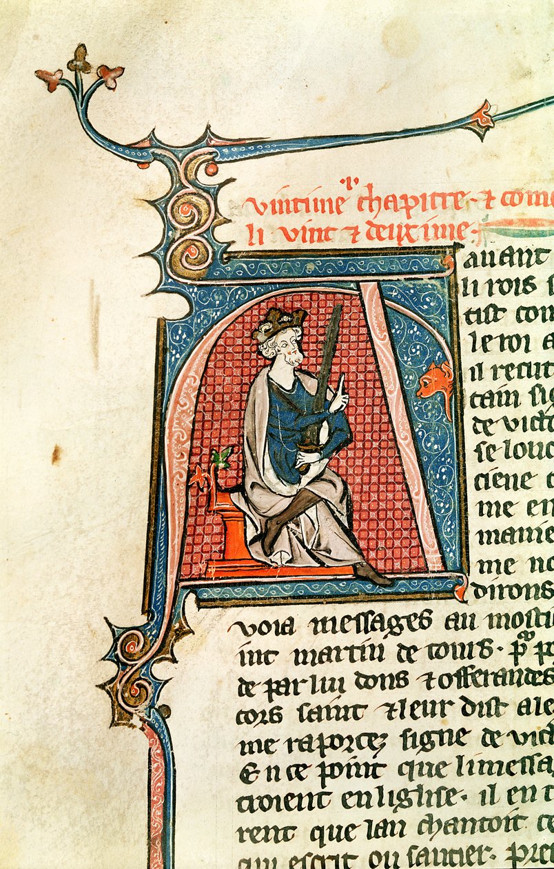 Ms 682 fol.17v Historikerad initial A som visar en sittande kung som håller ett tveeggat svärd av French School