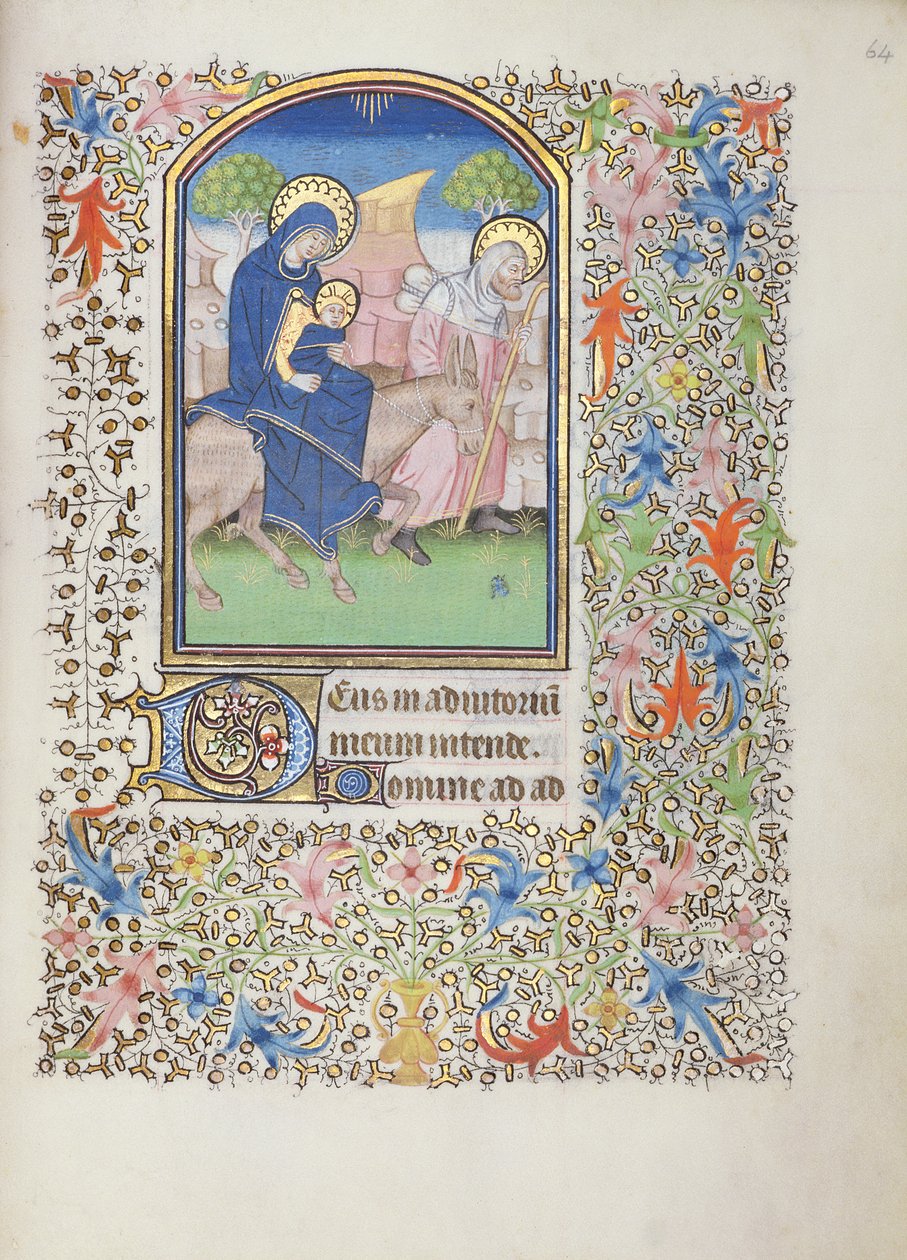 Ms 69 f.64r The Flight of the Holy Family, från Besancons timbok av French School
