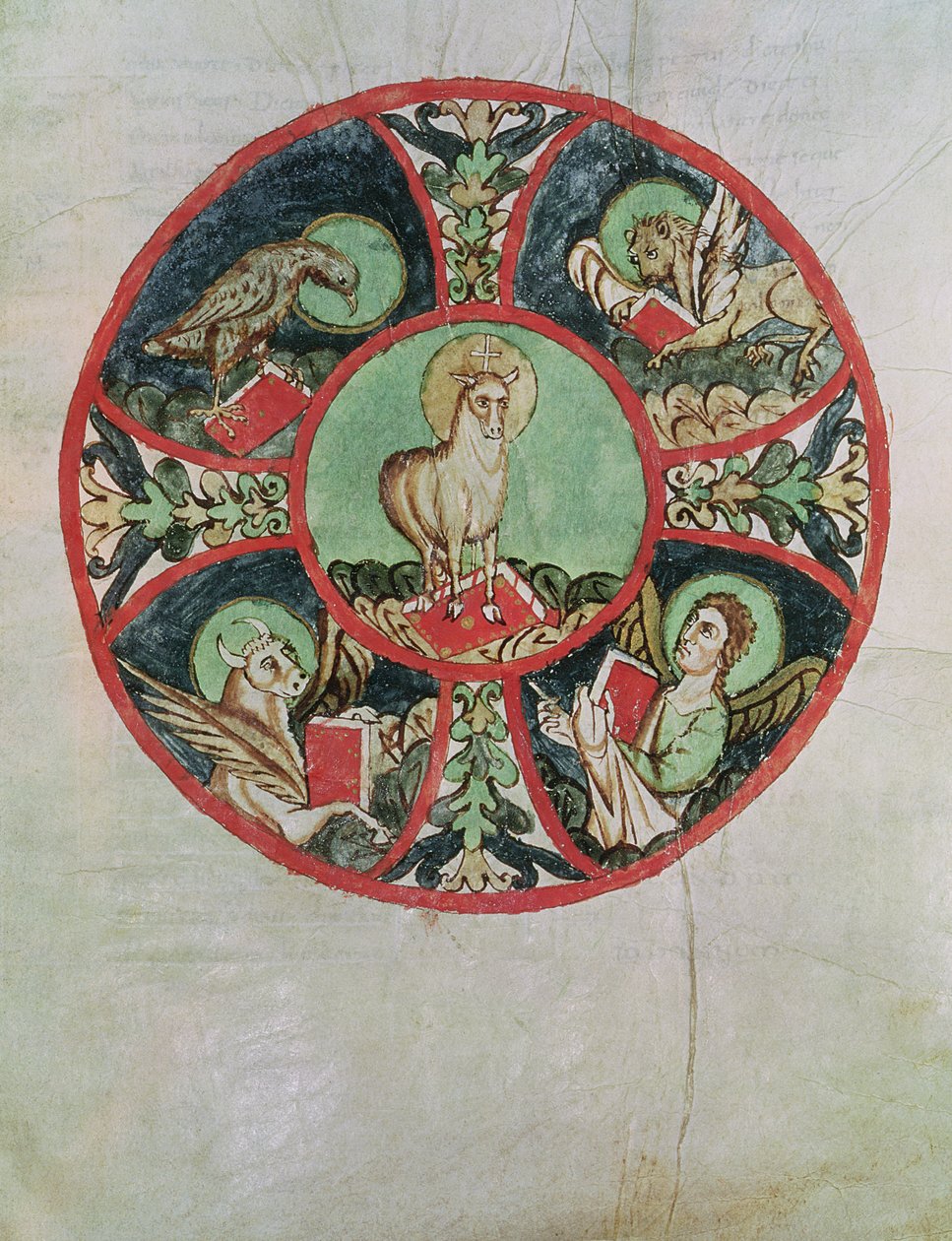 Ms. 69 fol.138v Guds lamm omgivet av evangelisternas symboler av French School